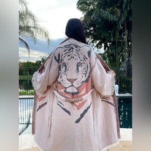 Oversized Tiger Print Fringe Kimono - Blush & Coral